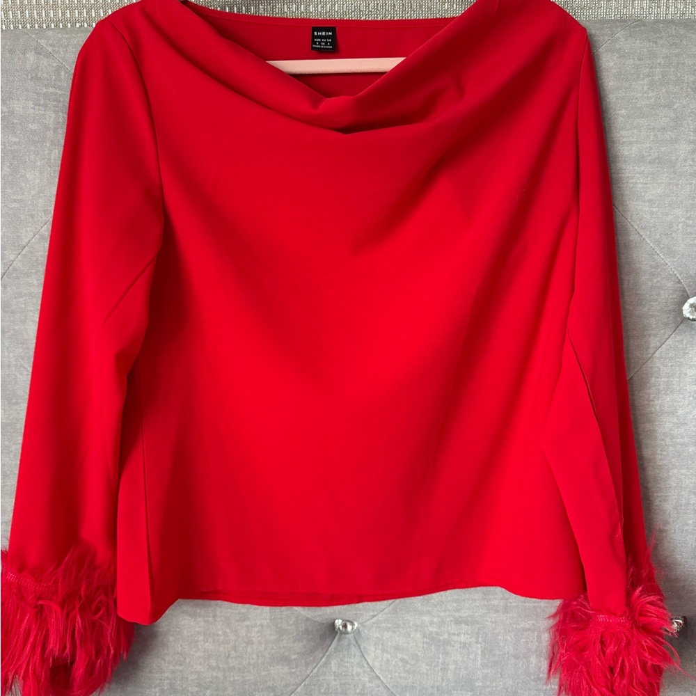SHEIN Vibrant Red Blouse with Feathered Cuffs